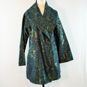 Bryn Walker | Green and Blue Brocade Swing Cape Style Coat Jacket | Sz M - L